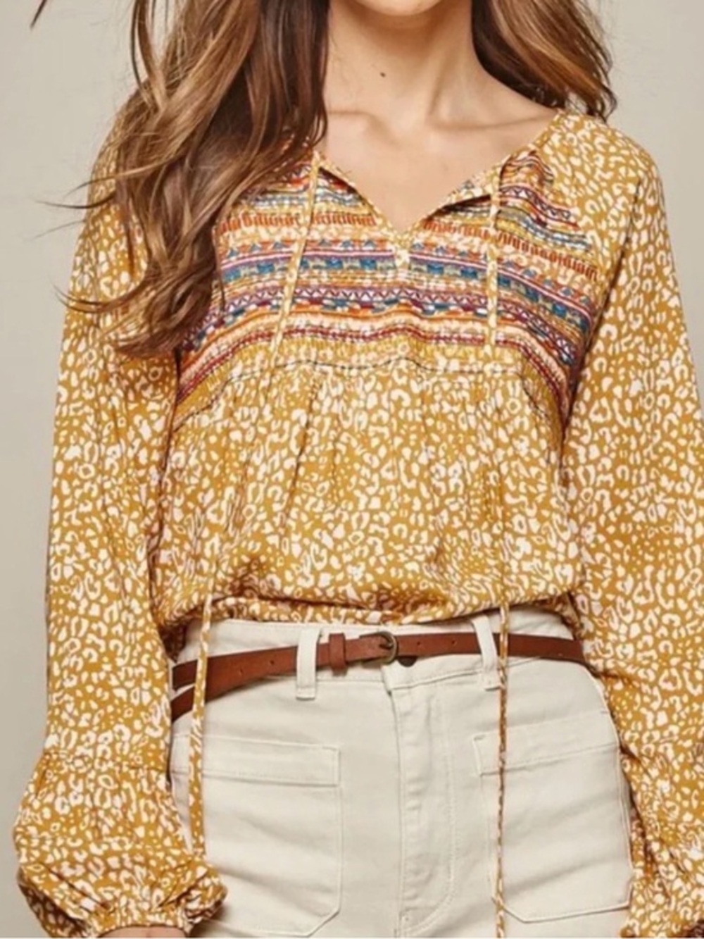 Savanna Jane Mustard Printed Peasant Blouse with Embroidered Yoke